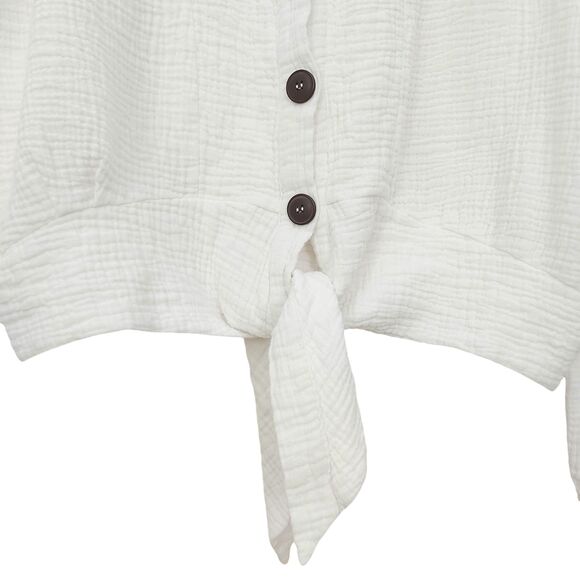 Free People Sun Streaks Top Womens Small White Boxy Gauzy Tie Front Button Up - Picture 6 of 12